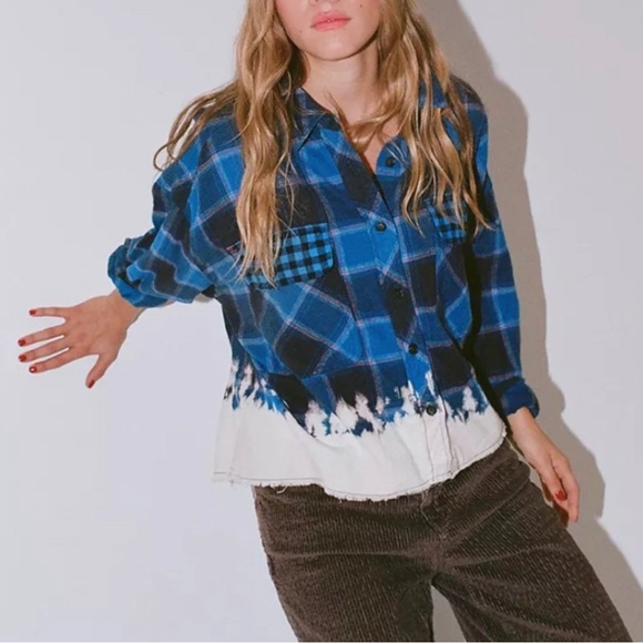 Urban Outfitters Tops - NWT UO Flannel Dip Bleach Plaid Shirt Blue 90s